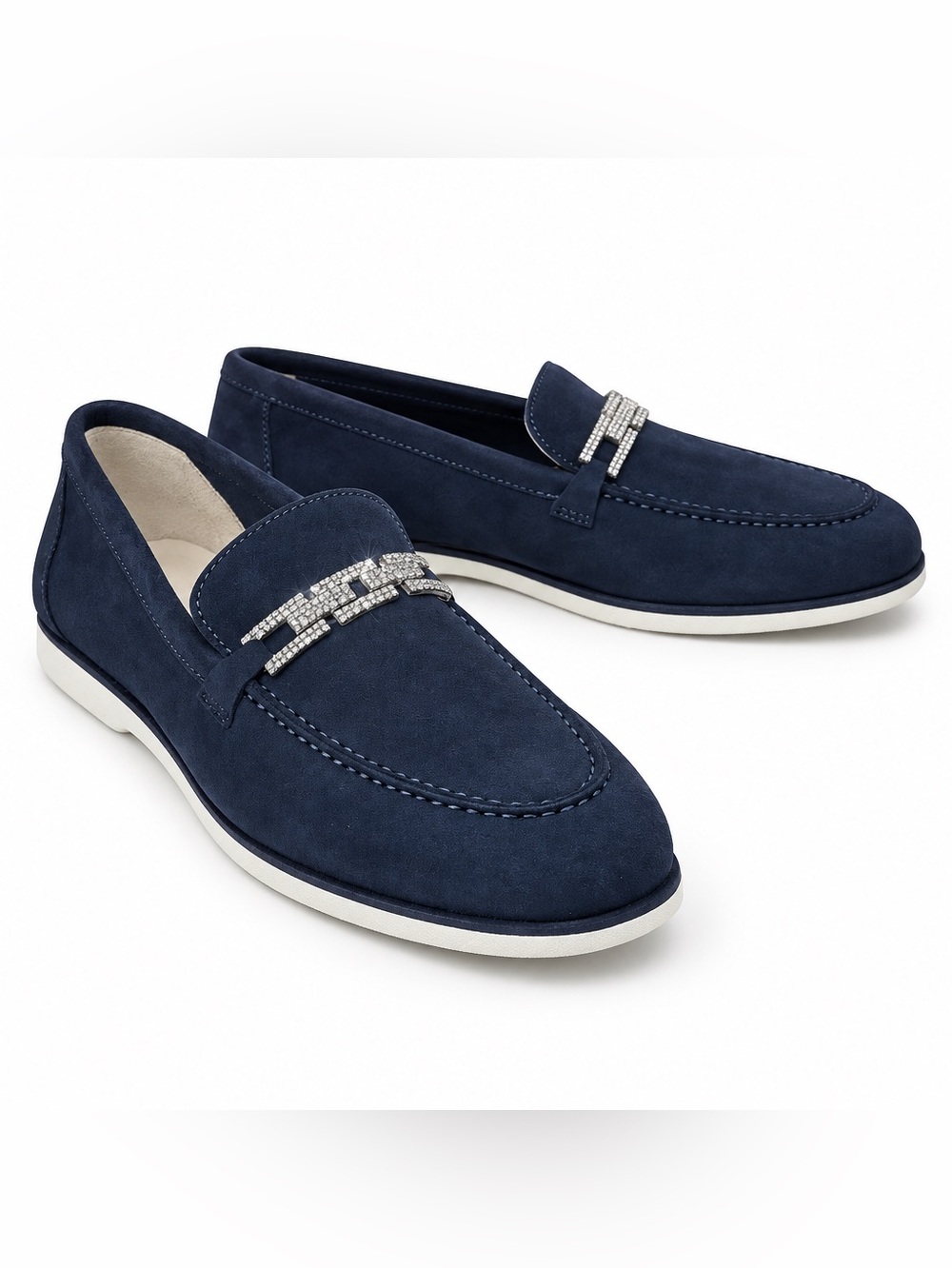 Baldinini Women’s Navy Blue Nubuck Comfort Loafers with Crystal Accent